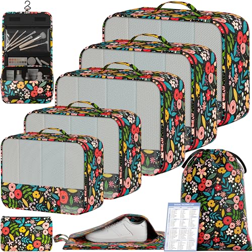 9 Set Packing Cubes with Packing List Luggage Packing Organizers for Travel Accessories (Black floral)
