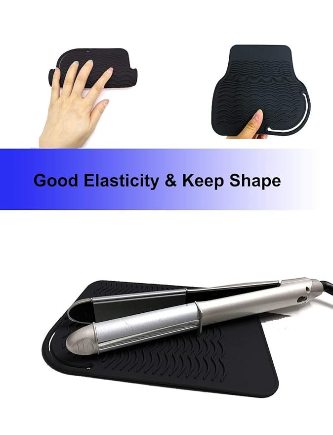 Heat Resistant Mat for Curling Iron, Flat Irons and Hair Straightener Hair Styling Tools 9" x 6.5", Food Grade Silicone, Black