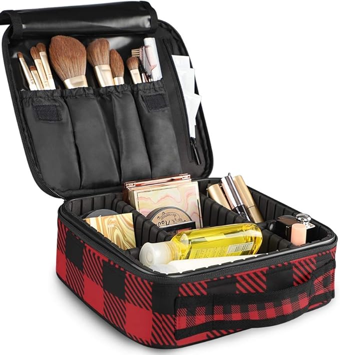 ALAZA Travel Makeup Case, Black and Red Lumberjack Plaid Cosmetic toiletry Travel bag for Women Girls