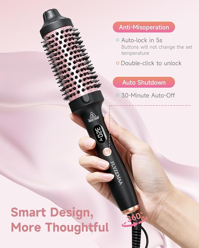 Thermal Brush, FLYZEMAA 1.5 Inch Curling Iron for Long Dry Hair, Heated Round Brush Straightener with 3 Temp Settings, 30s Fast Heat for Curling & Volumizing, Anti-Scald Nylon Bristles(Black)