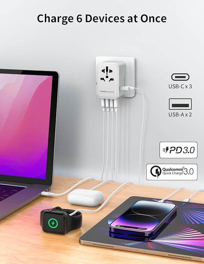 MOMAX Universal Travel Adapter, GaN 70W International Power Adapter, 3 USB-C PD - Image 3