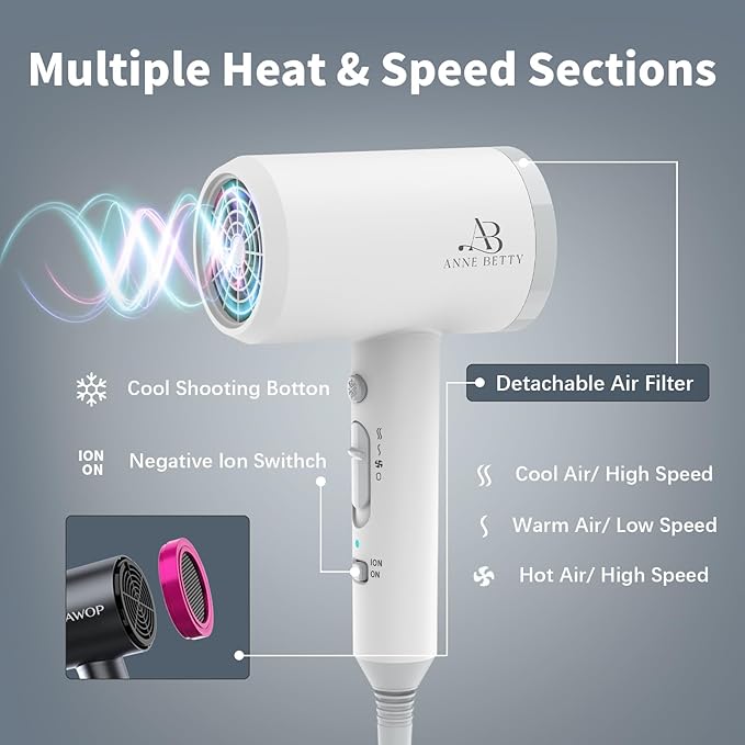 Hair Dryer with Diffuser for Curly Hair, 1800W Ionic Blow Dryer for Women & Men, Fast-Drying, Lightweight, Low Noise, Hair Care Styling Tool for Home, Travel