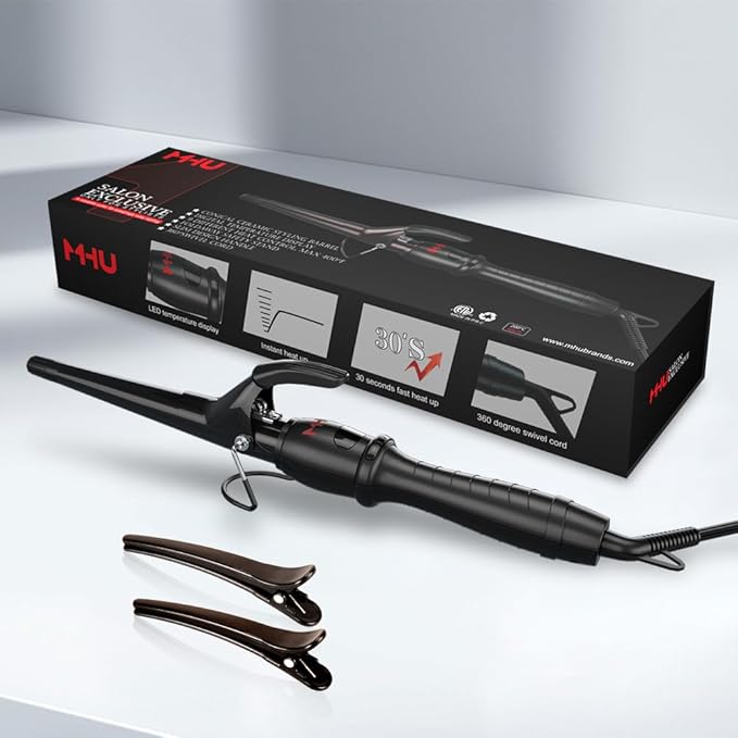 Hair Curling Wand, 0.5-1 Inch Tapered Ceramic Curling Iron, Hair Curler with 9 Temperature Settings & LCD Display for All Hair Types