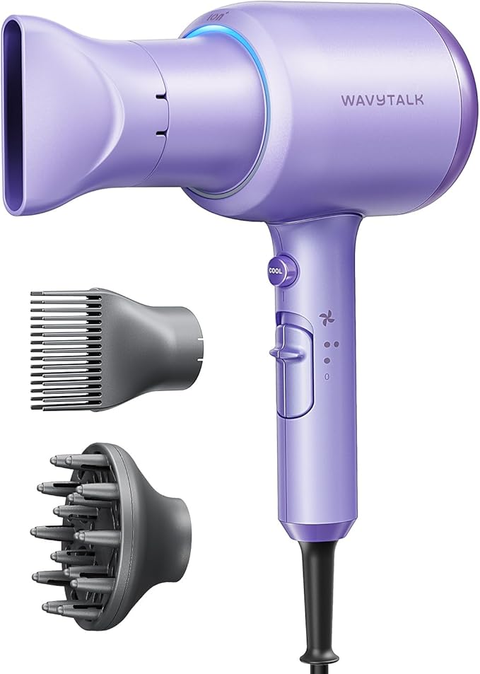 Wavytalk Blow Dryer with Diffuser, Blown Away Ionic Hair Dryer for Curly Hair with Comb, 1875W Fast Drying Blow Dryer with Ceramic Technology, 3 Attachments for All Hair Types, Light and Quiet, Purple