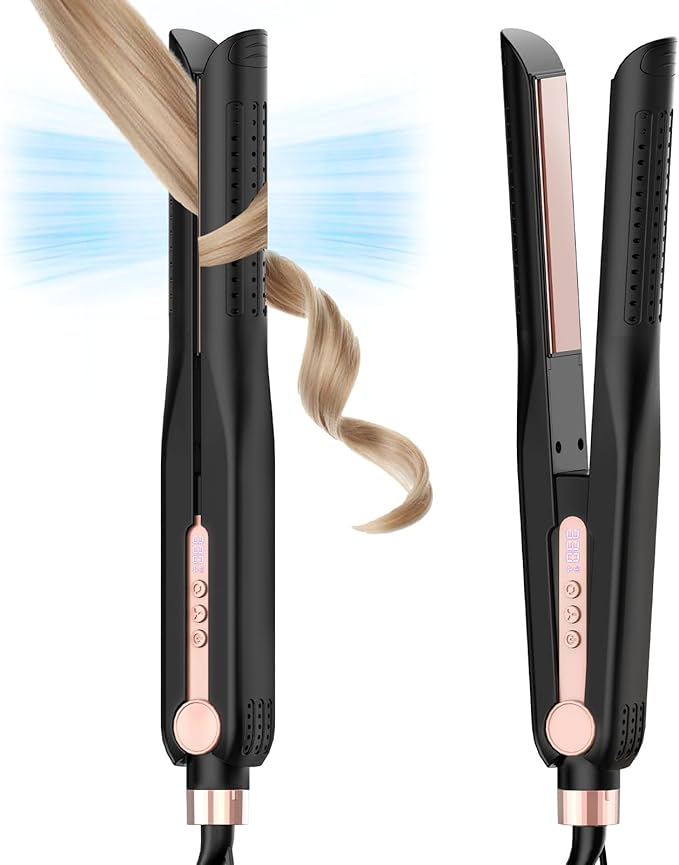 SKIMI Airflow Styler, Titanium Flat Iron Hair Straightener, Professional Curling Iron with Cooling Air Vents to Lock in Style, 5 Temps & Dual Voltage, Auto Off (Black & Blush Gold).