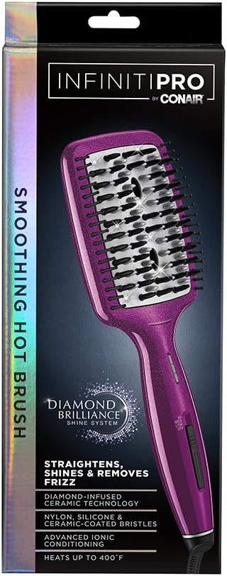 Conair Diamond-Infused Ceramic Smoothing Hot Brush/Straightening Brush, Pink, 400 Degree High-Heat with 3 Settings