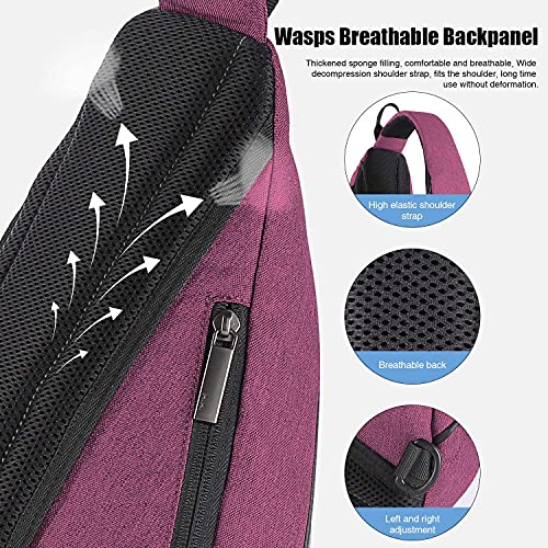 Sling Bag Men Backpack Unisex One Shoulder Bag Hiking Travel Backpack Crossbody with USB Port for Men Women Versatile Casual Daypack (Purple-17'')