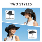 Ponytail Sun Bucket Hats for Women UV Protection Foldable Wide Brim (1 Pack-black)