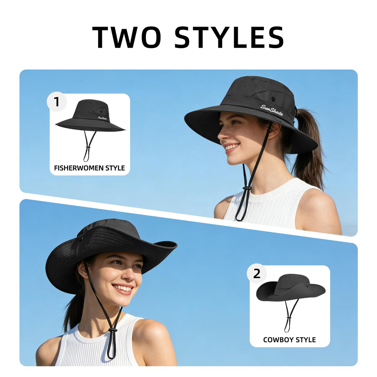Ponytail Sun Bucket Hats for Women UV Protection Foldable Wide Brim (1 Pack-black)