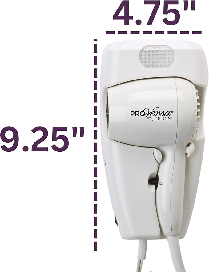 JERDON Wall-Mount Hair Dryer – White - Direct Wire Only - Hotel Style Wall Mounted Hair Dryer – Model JWM8CD
