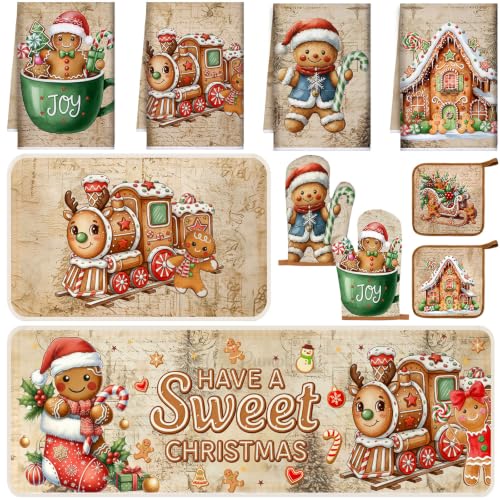 10 Pcs Christmas Gingerbread Man Kitchen Decor and Accessories Set Kitchen Towels Pot Holders Oven Mitts and Rugs for Baking Cooking BBQ Mom Housewarming Gifts (Light Brown / Christmas Gingerbread Man)