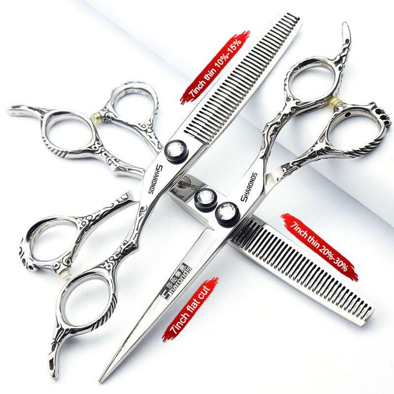 6/7/8 Inch Professional Hairdressing Scissors Barber Rose Pattern Hair Stylist Shears Styling Tool Japanese Stainless Steel Clippers (7-in three piece set) (7-inch -3pc-a)