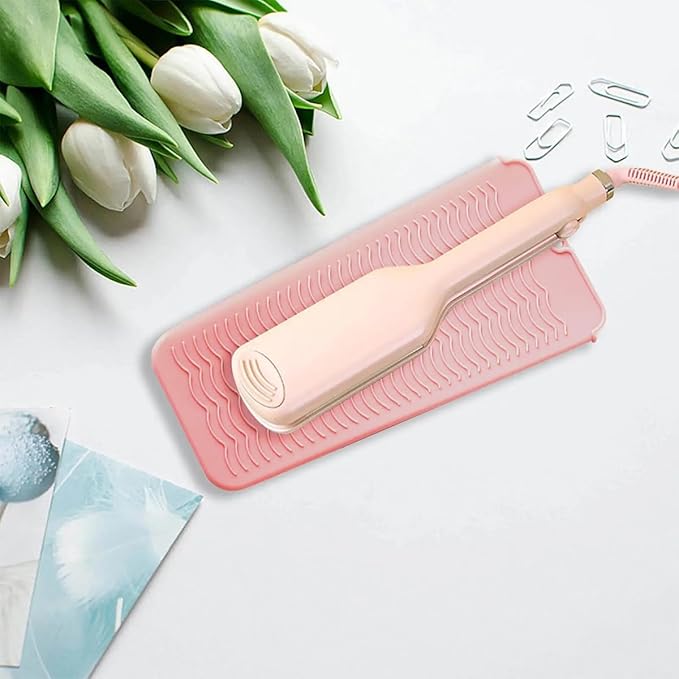 2 Heat Resistant Silicone Mat with Hanging Hole, Straightener Heat Resistant Travel Mat & Pouch for Curling Iron, Flat Iron and Other Hot Hair Styling Tools, 11 x 5 in, Pink