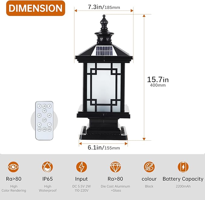 LED Solar Post Light Outdoor, Aluminum Fence Post Cap Lamp Remote Control - Image 5
