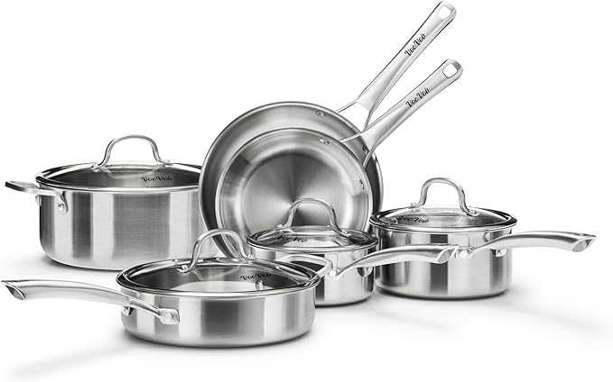 Stainless Steel Cookware Set, Tir-Ply Pots and Pans Set, PFOA Free, Frying Pans by VocVoi