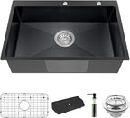 Black Kitchen Sink, Stainless Steel Drop In 33x22x9 Inch Single Bowl Topmount by Koardink