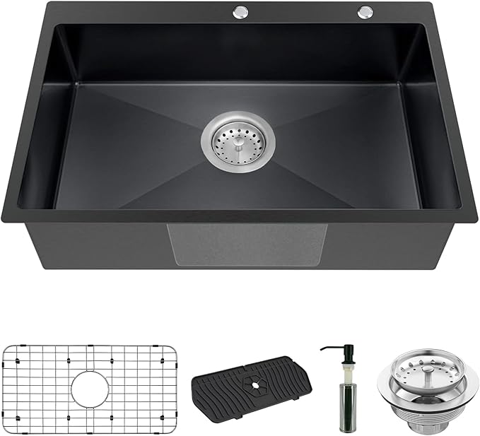 Black Kitchen Sink, Stainless Steel Drop In 33x22x9 Inch Single Bowl Topmount by Koardink
