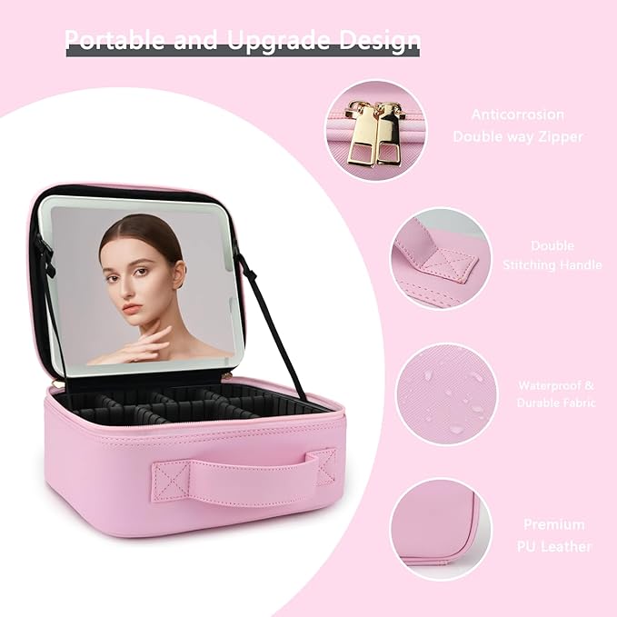 Makeup Bag with Led Mirror, Travel Makeup Organizer with 3 Color Setting - Image 4
