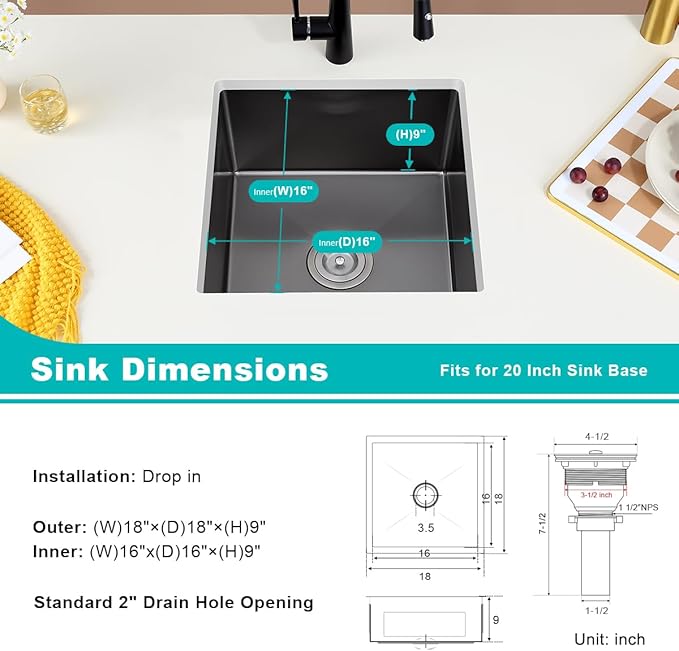 Black 18 inch Undermount Kitchen Sink - Image 3