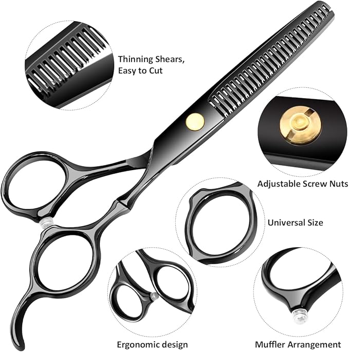 Professional Hair Cutting Scissors Sets Stainless Steel Barber Hairdressing Scissors Multifunctional Salon Thinning Scissors Straight Shears Tools Gifts for Mom Dad and Friends (Black)