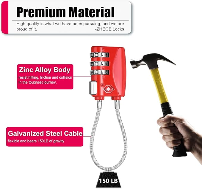 ZHEGE TSA Locks for Luggage 3 Digit Cable Padlock - Image 4