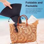Women Twine Wide Brim Straw Hats Big Floppy Summer Hat Foldable Roll up Cap Beach Sun Hat UPF 50+ (Black)