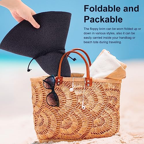 Women Twine Wide Brim Straw Hats Big Floppy Summer Hat Foldable Roll up Cap Beach Sun Hat UPF 50+ (Black)