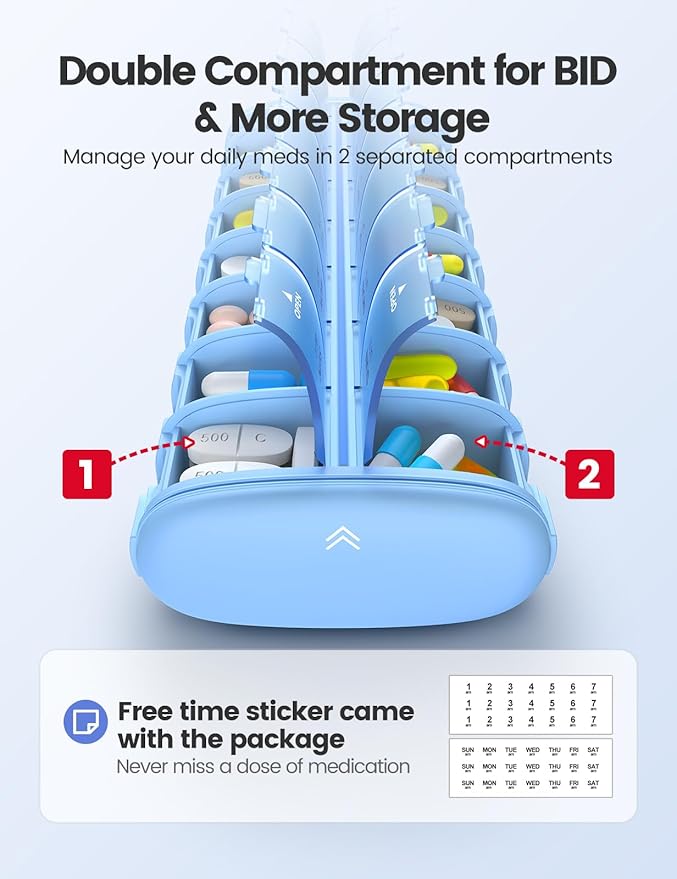 Vaydeer 7 Day Weekly Pill Organizer 2 Times a Day, Metal Am Pm Travel Pill Case - Image 3