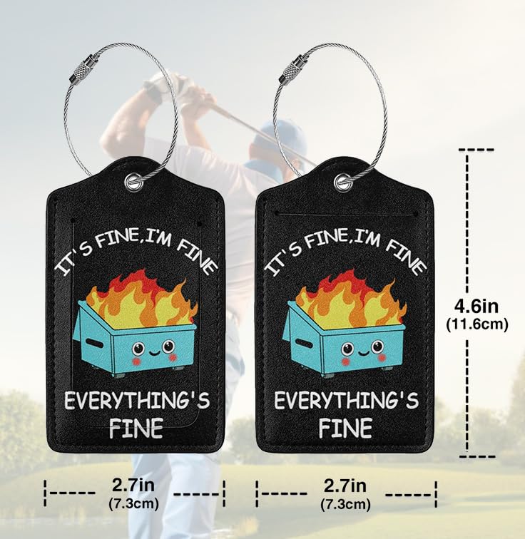2 Pack Luggage Tags for suitcases Funny Cute Black Trash on fire I'm Fine It's Fine Luggage Tag (Black)