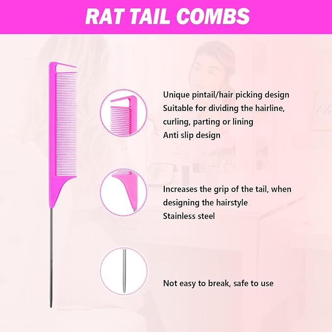 DAN Technology Hair Styling Set - 3 Pieces Teasing Comb, Rat Tail Comb, and Edge Brush for Slicking Baby Hair & Flyaways - Pink