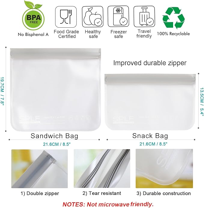 SPLF 10 Pack Reusable Sandwich Bags Dishwasher Safe, Reusable Quart Freezer Bags - Image 3