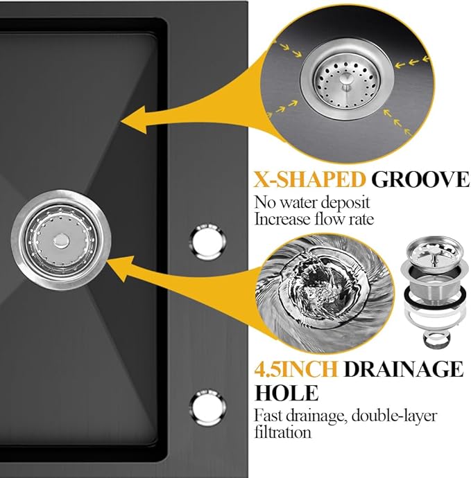Black Kitchen Sink, Stainless Steel Topmount 25x22x9 Inch Single Bowl Drop In - Image 4