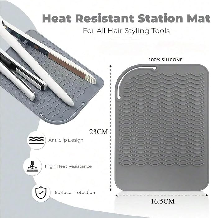 Flat Iron Heat Resistant Silicone Mat for Curling Iron, Hair Straightener Pad, Sleeve, Travel Case and Other Styling Tools, for Counter, 9 x 6.5 in, Gray