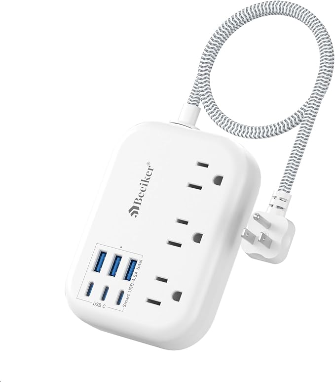 Short Extension Cord 1 Ft- 6 USB Travel Power Strip by Beeiker