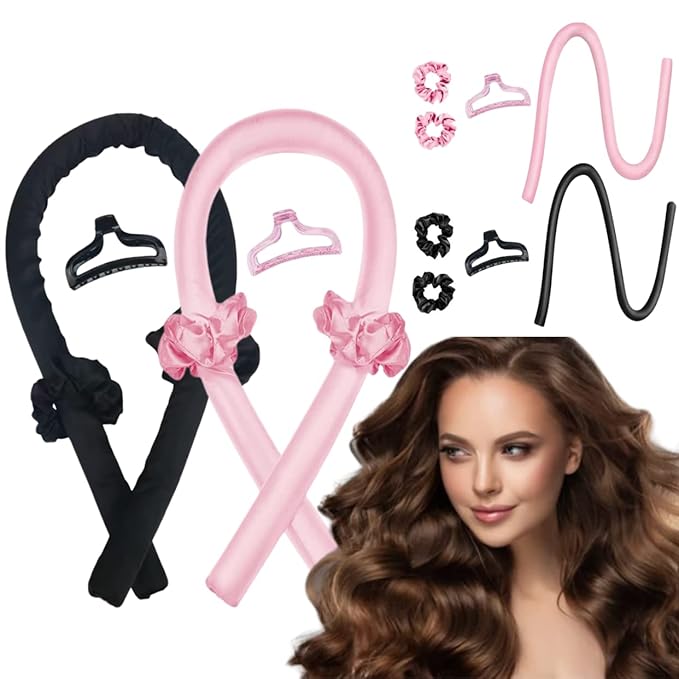 GADZHI Heatless Curling Rod Headband Heatless Hair Roller Curls Set for Long Hair No Heat Silk Hair Wrap Curler Ribbon for Overnight Sleep Hair Roller with Hair Claw Clip DIY Hair Styling Tools (2 set - pink+black)