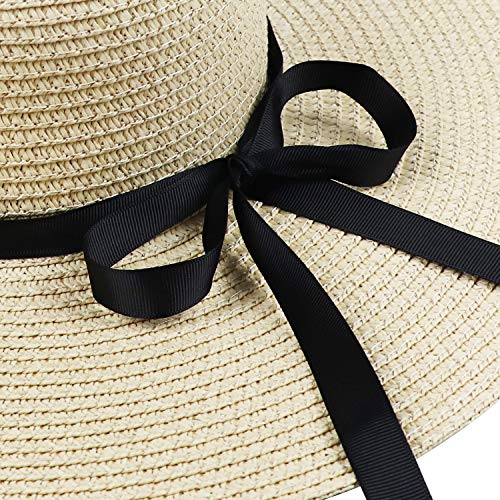 Womens Straw Hat Foldable Wide Brim Floppy Beach Sun Hat for Women Roll up Cap UPF 50+ Adjustable Strap Vacation (Ada Beige 5.9" Brim, 1 Pack)