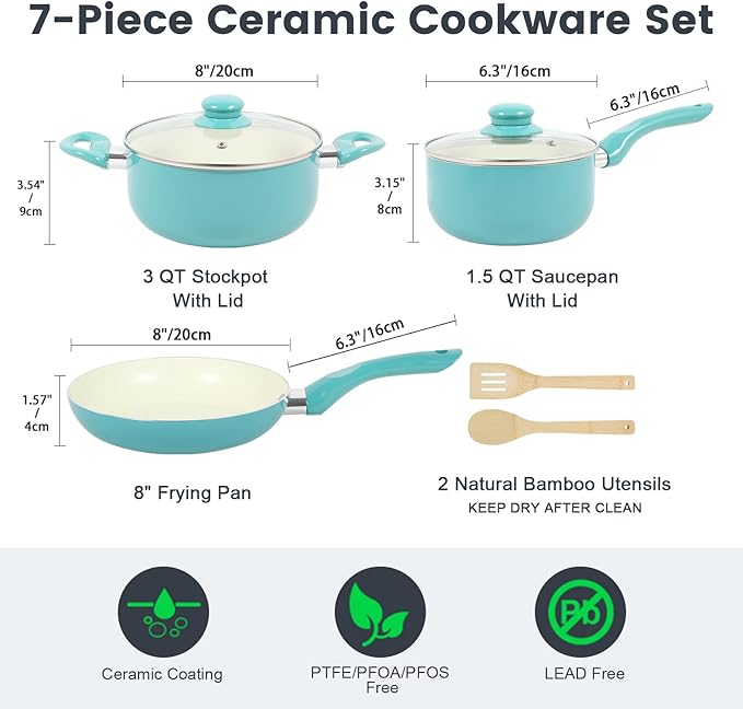 Pots and Pans Set, 7 Piece Nonstick Ceramic Cookware Set, Kitchen Induction - Image 2