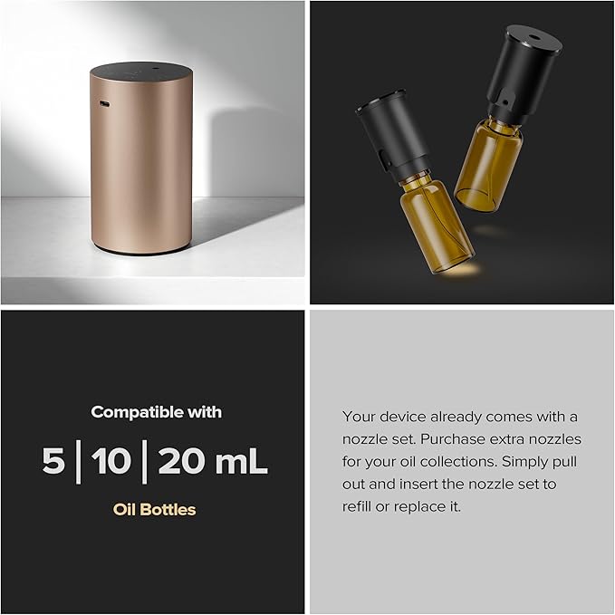 Waterless Essential Oil Diffuser for Home Aromatherapy Scent Diffuser with 3 Countdown Timer Settings or Timer-Off, 3 Mist Levels for Room Car Office, Premium Metal ADX Black and Desert Titanium 2PCs