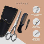Ontaki German Steel Beard Scissors - 5-Inch, Silver, 1 Count - Beard Grooming Shears & Mustache Trimming Kit with Comb & Pouch, Airplane Friendly, Hand-Forged 410C Steel, Finger Rest