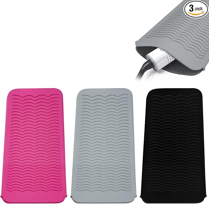 3PCS Silicone Heat Resistant Mat Pouch for Hair Straightener, Curling Iron, Flat Iron and Hot Hair Tools (Black+Grey+Pink) 3 Pack