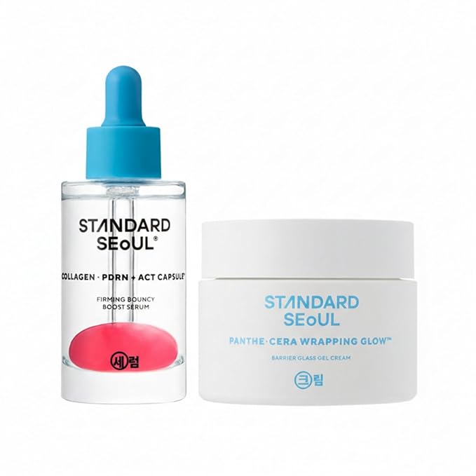 Glass Skin Firming Duo | Vegan Collagen Serum + Barrier Gel Cream | Hydration & Radiance Care Routine | With Bakuchiol, Ceramides & Azulene | K-Beauty Skincare Set