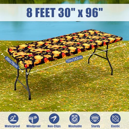 2 Pack Rectangle Spandex 8FT Elastic Fitted Thanksgiving Tablecloth (Rust & Black / 96" x 30" (Rectangular))