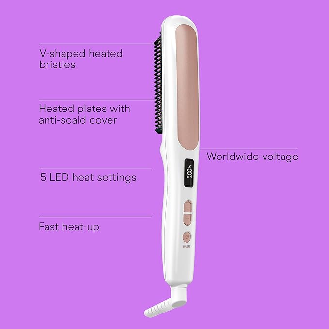 Conair Double Ceramic Hair Straightener Brush, Heated Straightening Brush for Smooth, Shiny Hair, V-Shaped Heated Bristles for Closer Contact, 5 LED Heat Settings, Dual Voltage, White