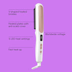 Conair Double Ceramic Hair Straightener Brush, Heated Straightening Brush for Smooth, Shiny Hair, V-Shaped Heated Bristles for Closer Contact, 5 LED Heat Settings, Dual Voltage, White