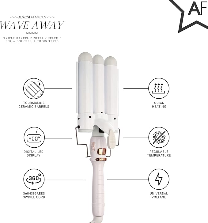 Almost Famous Wave Away Triple Barrel Clip Curling System, 3 Barrel Curling, Crimper with LCD Temp Display, Professional Beauty Tool, Temperature Adjustable (Pearlescent White)