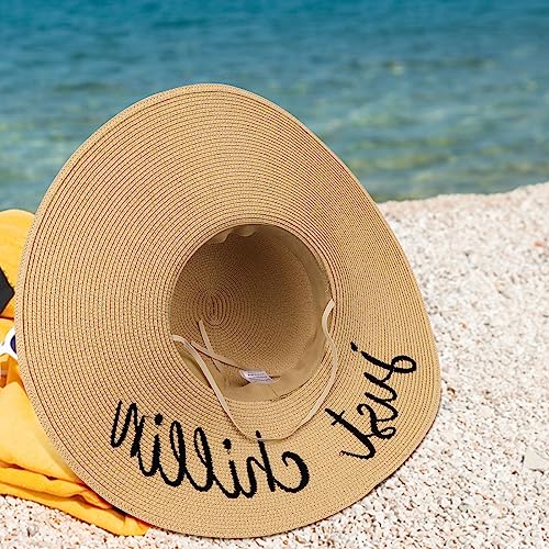 Big Straw Sun Hats for Women Floppy Foldable Roll up Beach Cap Sun Hat UPF 50+ Vacation Honeymoon Embroidered Hat (Ae Just Chillin: Khaki)