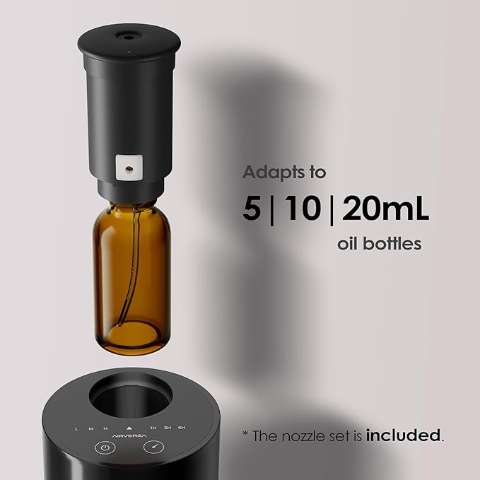 Airversa Waterless Essential Oil Diffuser Starter Kit with 4 x 10mL Fragrance Scent Oil, Battery Operated Mini Scent Air Machine Portable Diffuser for Home Car Office, AN6 Black Kit01