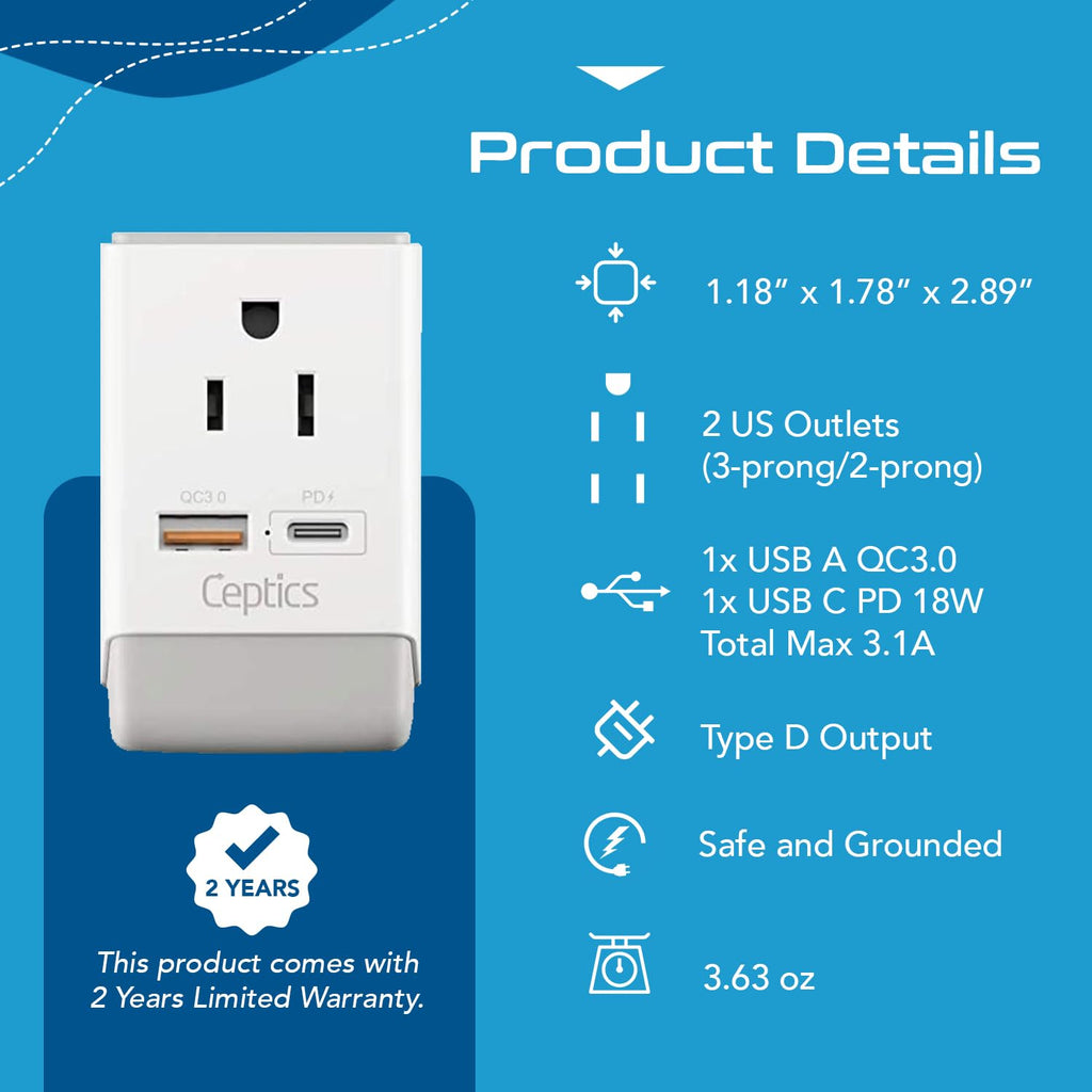 US to India Plug Adapter (white gray)