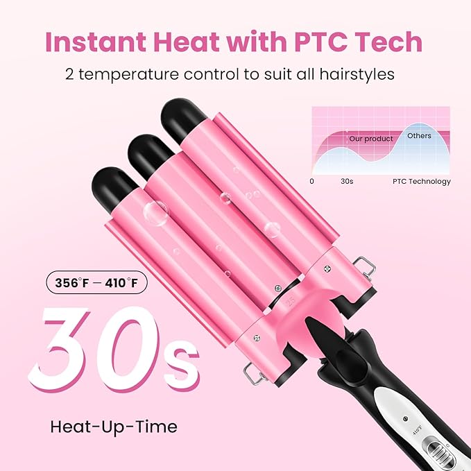 3 Barrel Curling Iron - Crimper Hair Tool 1" Ceramic Hair Crimper & Crimping Iron | Triple Barrel Hair Waver for Women Beach Waves, Dual Voltage, 2 Temp Settings