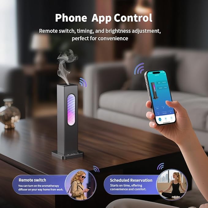 Waterless Scent Diffuser - Suitable for Home/Hotel/Shopping Mall/Yoga Air Diffuser,200㎡ Coverage,3 Gears Mist Adjustment, App Control, Multi-Color Neon Light,Without Essential Oil(Color:Dark Grey)